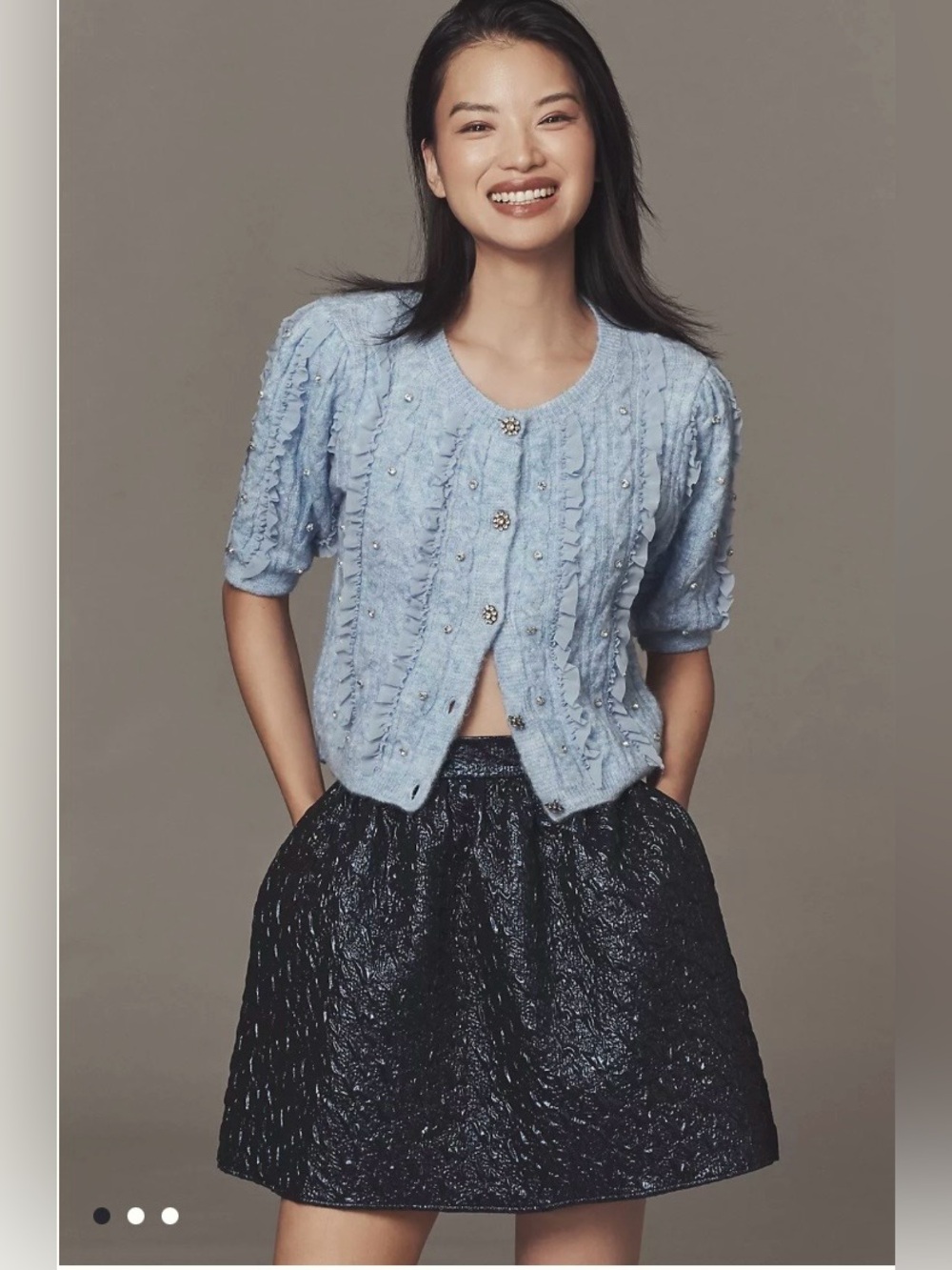 Maeve Short Sleeve Embellished Ruffled Cardigan Sweater in Soft Blue Size XS NWT